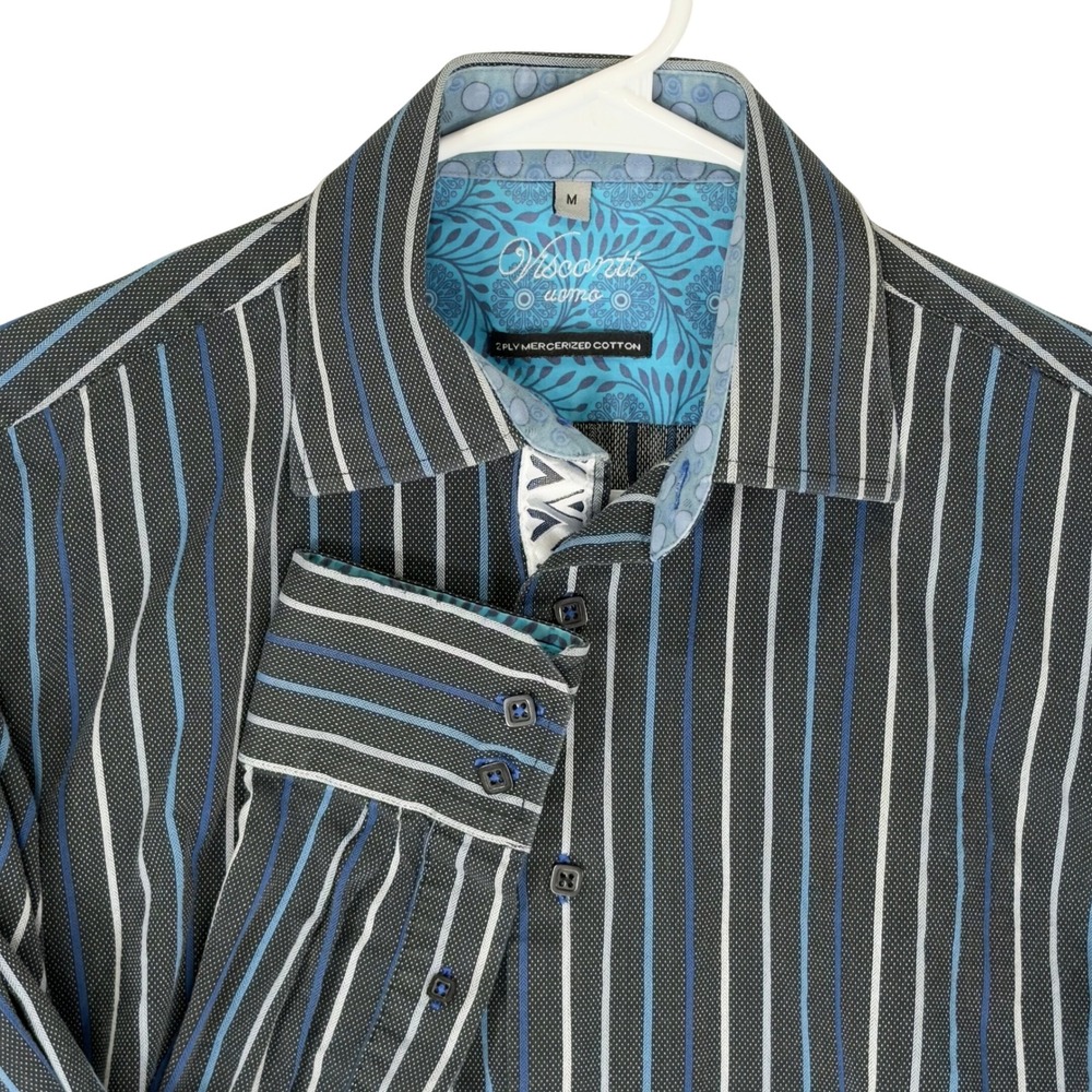 Visconti Uomo Button Down Shirt Men Size M Black Blue Excellent Striped Cotton